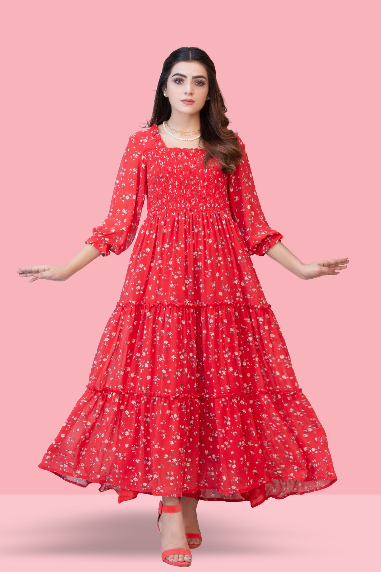 Camilia - Red Floral Tiered Dress