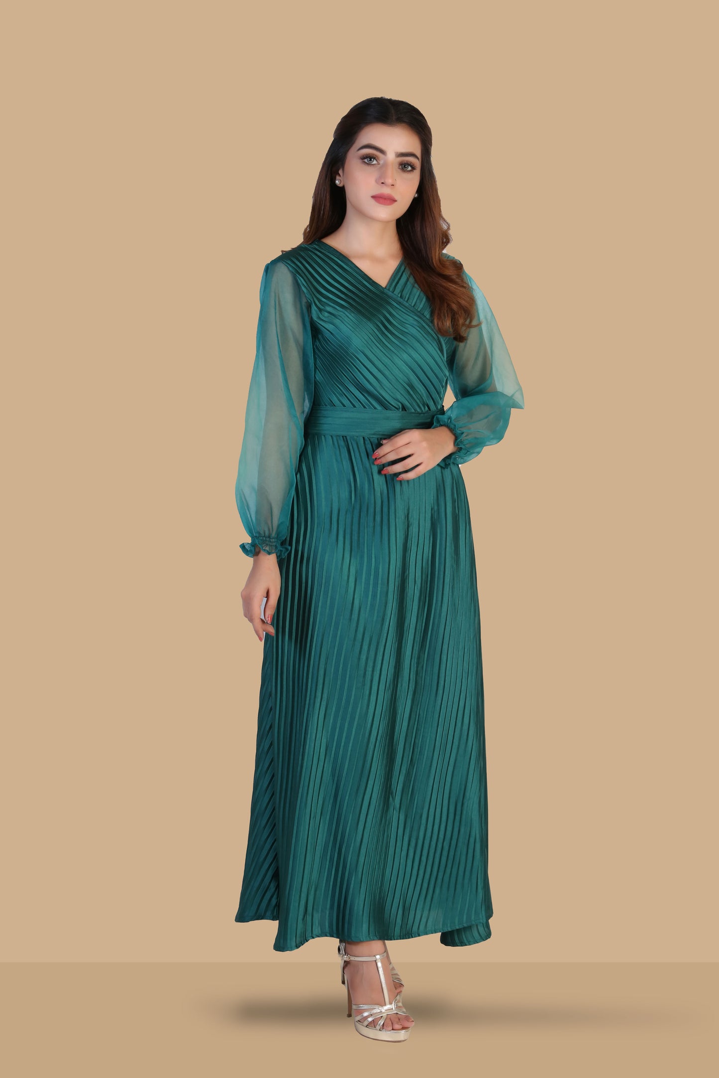 Emerald - Pleated Silk Long Dress